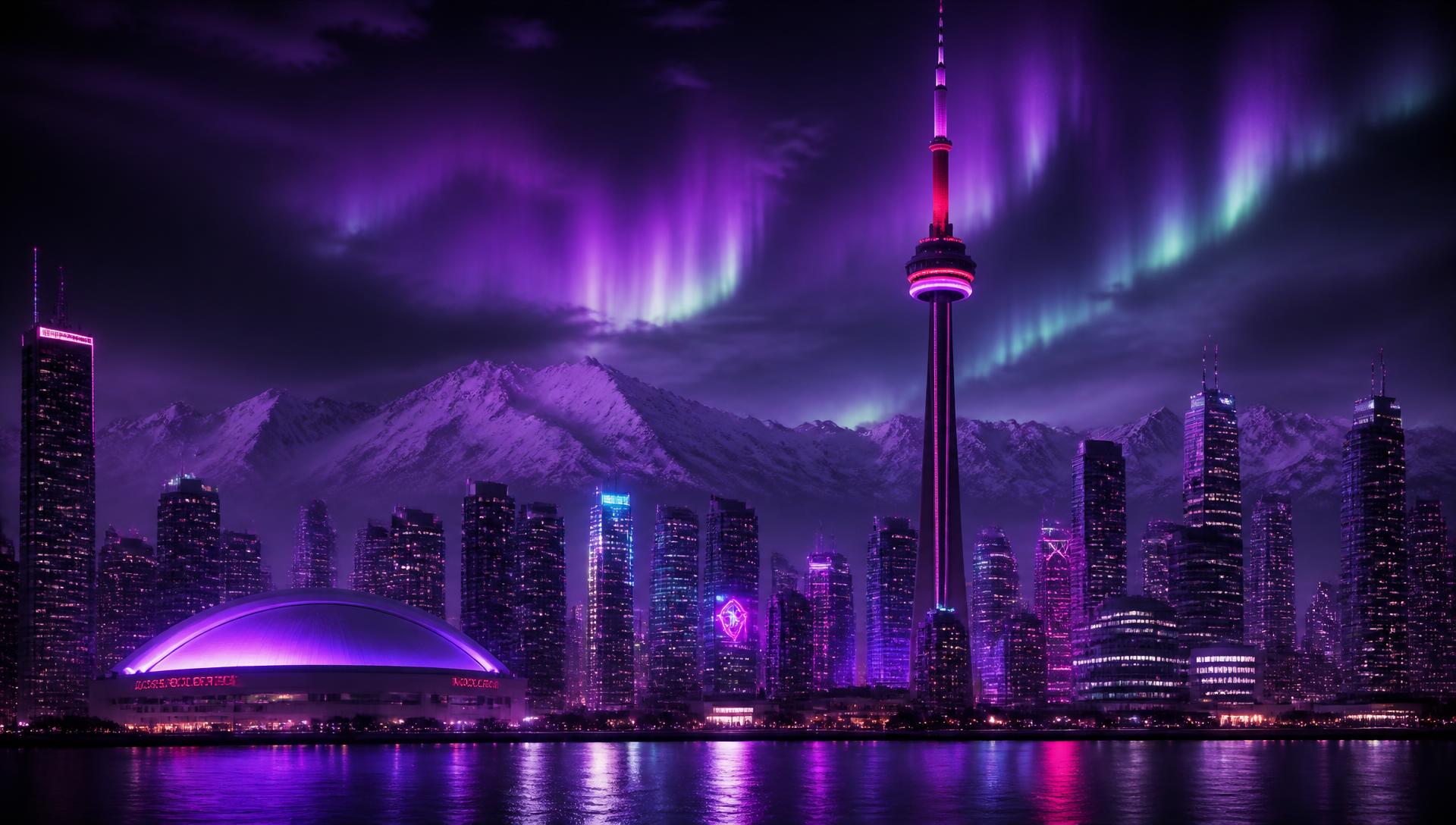 Neon-lit futuristic skyline with snow-capped mountains under an aurora